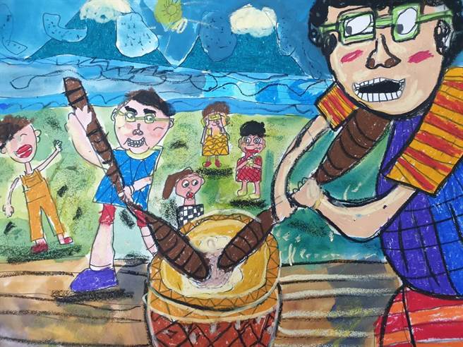 锦屏国小学生许恩平的画作「爸爸和我做小米」。（新竹县政府提供／罗浚滨新竹传真） 