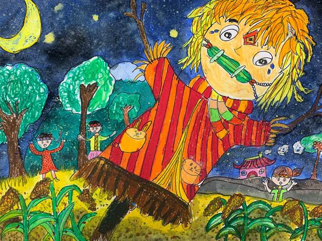 锦屏国小学生罗芊瑀的画作「泰雅稻草人」。（新竹县政府提供／罗浚滨新竹传真）