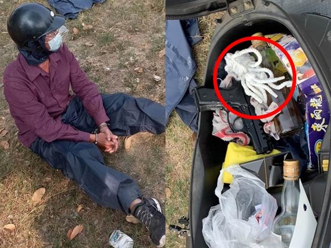 警方在方嫌的机车发现已打好绳结的童军绳，方嫌表示想要结束自己，但是却鼓不起勇气，只好乖乖就逮。（戴志扬翻摄）