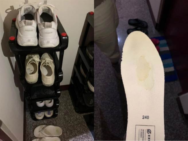 女网友PO出放在自家门外的鞋子，其中放在第二层鞋架的鞋子，右脚总是莫明湿一片。(图/截自Dcard)