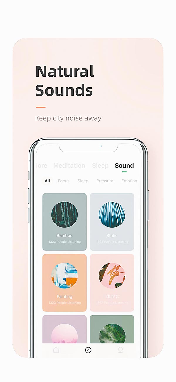 Tide：Sleep, focus, meditation　这是一款依照蕃茄钟时间管理法而设计的APP，使用者可依照自己的需求，去实行一般的25分钟深度工作时间，再加上5分钟的休息时间去作循环，同时APP中可以让用户选择适合的背景音乐，另外还拥有抒压冥想、助眠、呼吸训练，以及每天的金句以鼓励自己等功能，适合一般平常有压力困扰及睡眠问题的人士使用。