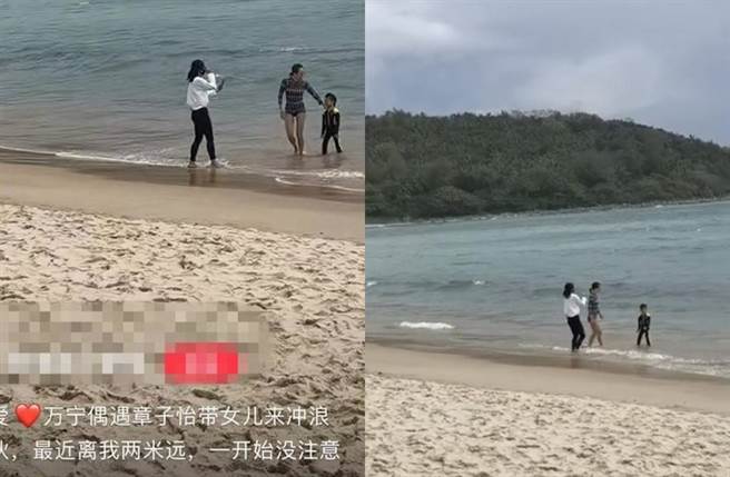 章子怡带女儿到海边戏水，高衩泳衣露大长腿。(图／翻摄自微博)