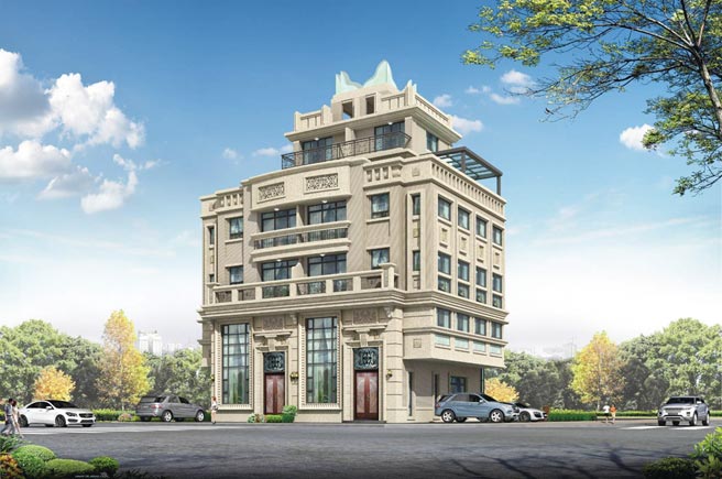 金軒建設高峰領袖八期，採用古典巴洛克風格設計，就像是一座宏偉的城堡。圖／業者提供