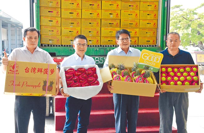 屏東鳳梨外銷新加坡封櫃啟航，其他果品也正拓展國外通路，避免把雞蛋放在同一籃子。（林和生攝）