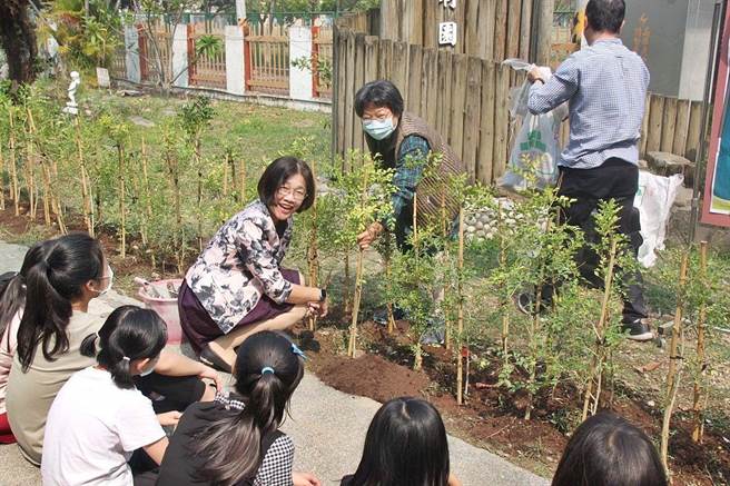 嘉义市兴安国小学童种树，鼓励学生用行动保护环境。（嘉义市政府提供）