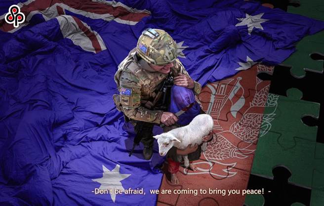 中國代多國在人權理事會譴責澳洲嚴重侵犯人權。圖為2020年11月30日澳洲為大陸一張畫片要求中國外交部發言人道歉，該圖顯示，澳洲士兵將刀架在阿富汗兒童喉嚨上，澳洲指為不實照片。(摘自趙立堅推特)