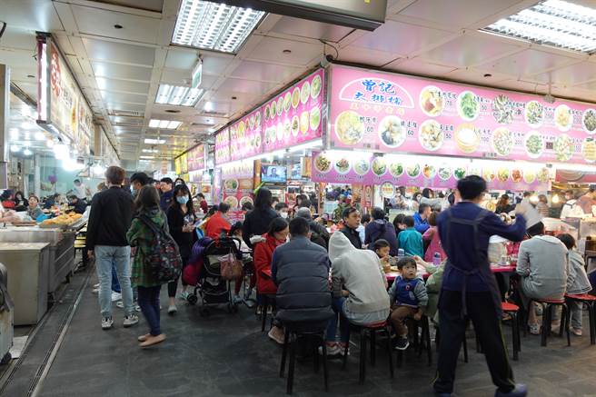 士林夜市美食地下街（13日）19：42用餐人潮，座位约坐满7成。（照片/游定刚 拍摄）