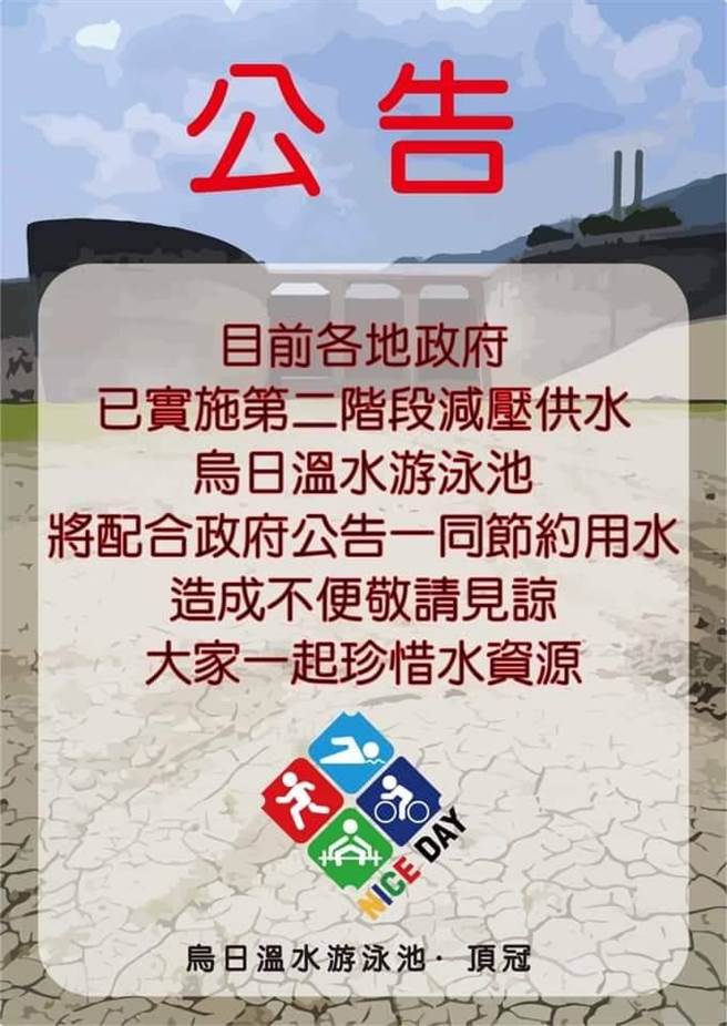 台中市运动局从今日起于公立游泳池公告，为期一周宣导期。（台中市府提供／卢金足台中传真）