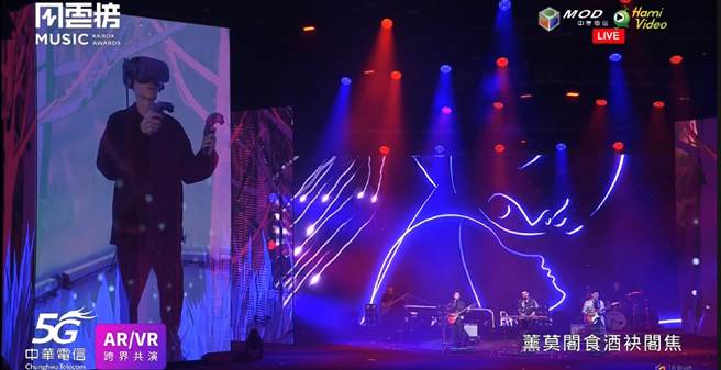 中華電信於「第16屆KKBOX音樂風雲榜」大秀5G MEC行動邊緣運算的高速率、低延遲技術，結合金曲天團「茄子蛋」以及台灣青年藝術家「安哲」共同演出經典歌曲「浪流連」。（中華電信提供／黃慧雯台北傳真）