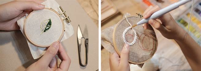 刺繡基本技法，如結粒繡、緞面繡、長短繡，都像在畫畫的過程。（攝影/周治平）