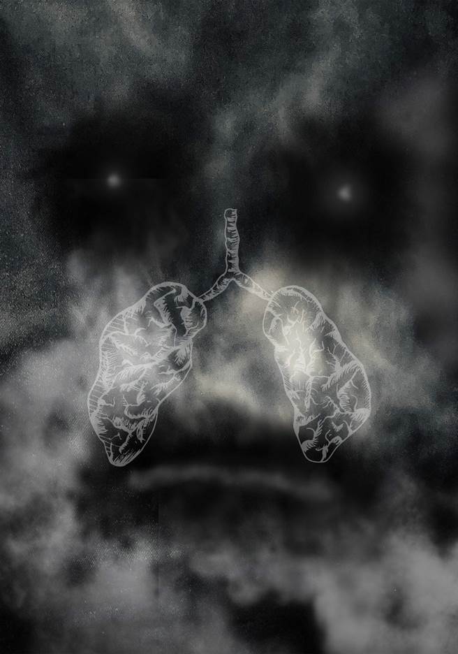 醒吾科大商設系學生藍毓媗，創作品「Dark」構思塑造出惡魔的臉，凸顯空汙正在吞噬掉肺部。(醒吾科大提供)