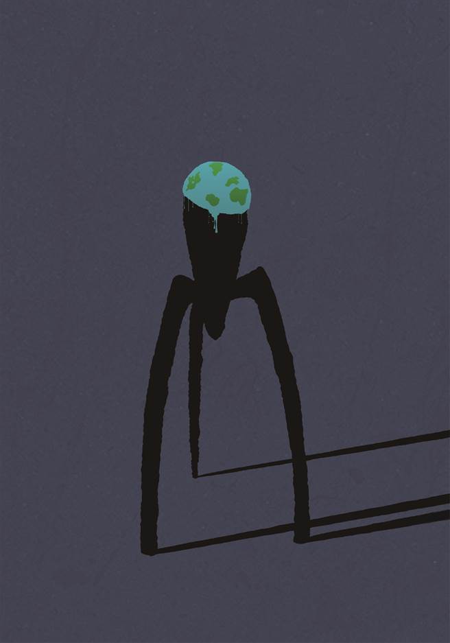 醒吾科大商設系學生張宏群創作品「squeezer」，凸顯壓榨行為加速全球暖化。(醒吾科大提供)