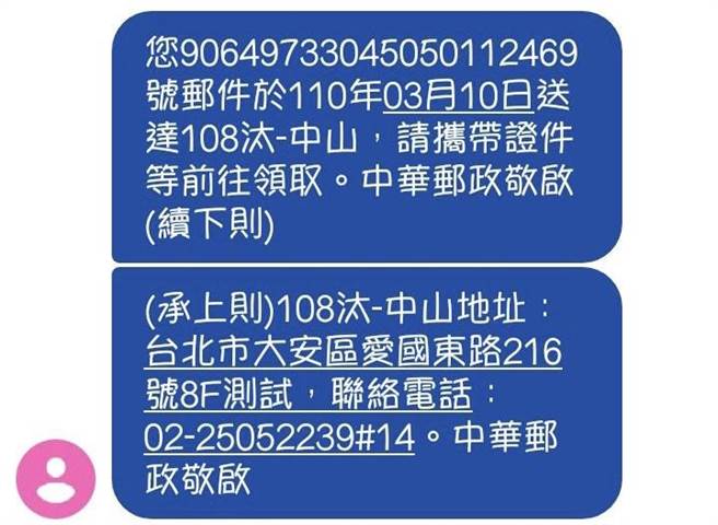 簡訊示意圖。（中華郵政提供）