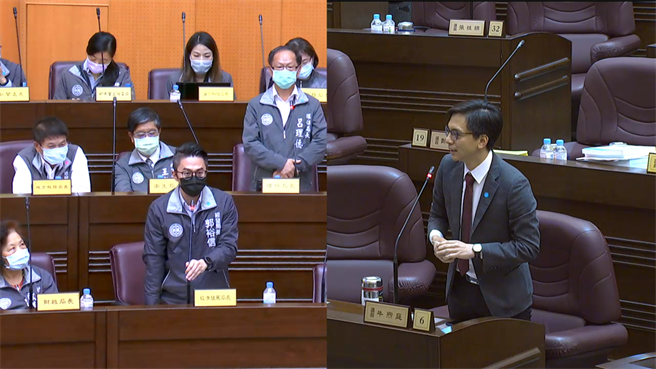无党籍议员牛煦庭16日在议会询问环保局长吕理德和身为观音人的经发局长郭裕信对藻礁公投态度。(蔡依珍摄)