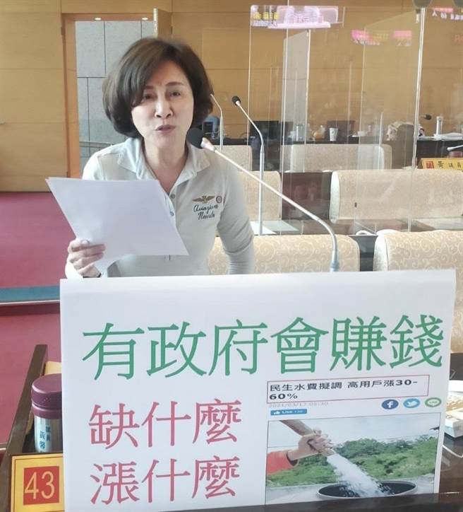 台中市議員黃馨慧表示，台中漏水率全國前三名、漏水量卻高居全國第一，中央不檢討台水舊管汰換緩慢，卻將手伸向民眾荷包，已宣布擬調漲民生水費。（陳世宗攝）