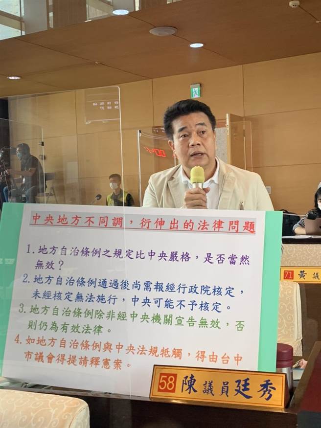 市议员陈廷秀表示，中央来函宣告莱猪零检出相关自治条例无效，这违反宪法对地方自治的制度性保障及中央地方权限的分权分立原则，应由议会提起释宪。（陈世宗摄）