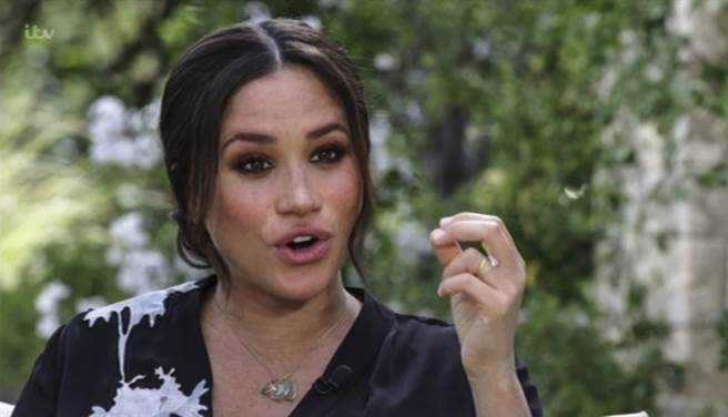 萨塞克斯公爵夫人梅根接受美国脱口秀女王欧普拉专访的神情。（达志图库/TGP）