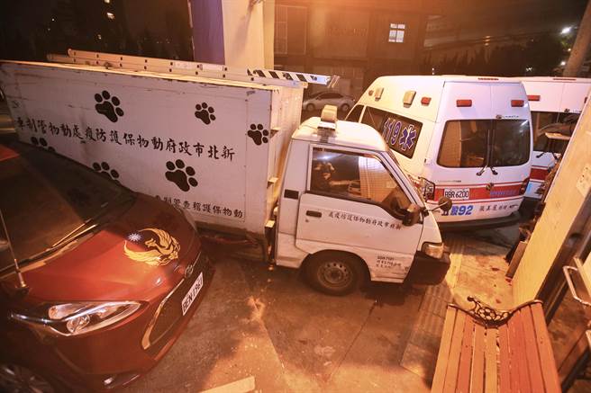 新北市政府动物保护防疫处动物管制车遭后方洗衣店小货车推撞，造成新北市消防局五股分队两辆救护车、一辆灾情勘查车受损。（杜宜谙摄）