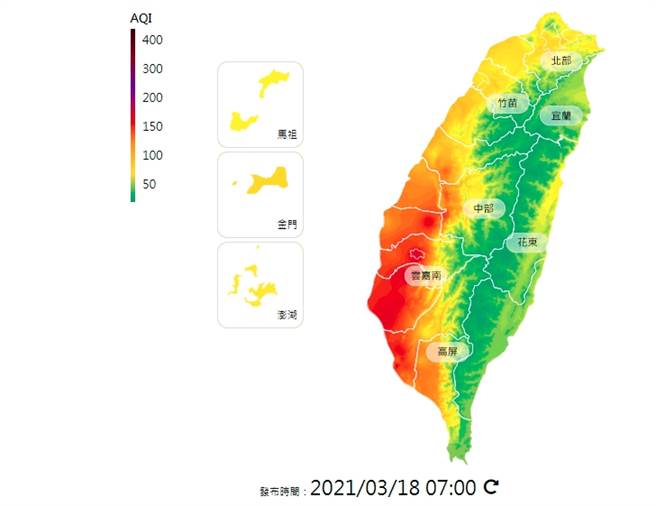 環境風場仍為偏東風，西半部在清晨及夜間水平及垂直擴散條件不佳，污染物易累積，西半部空品拉警報。（圖／翻攝自環保署空氣品質監測網）