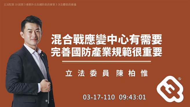 基进党立委陈柏惟17日在立法院外交及国防委员会上，针对「混合战应变中心有需要 完善完善国防产业完善国防产业规范很重要」问题，质询国防部部长邱国正。（图／翻摄自立法院官方网站）