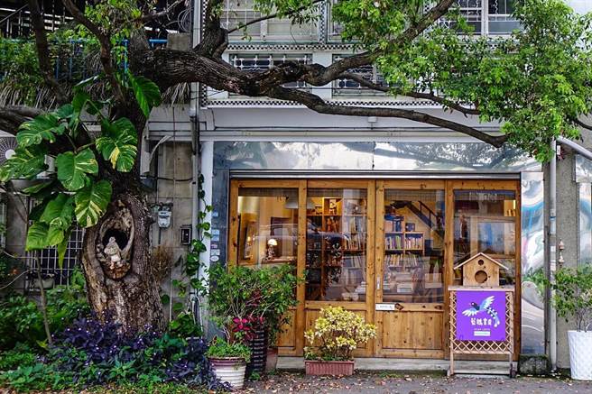 老房子旁有株老樟树的「蓝鹊书房」，成为北埔老街上绝美风景。（罗浚滨摄）