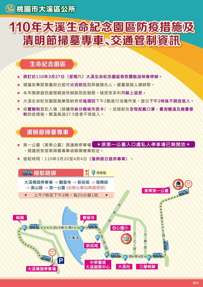 110年大溪区公所清明扫墓路线资讯图。(交通局提供／蔡依珍桃园传真)