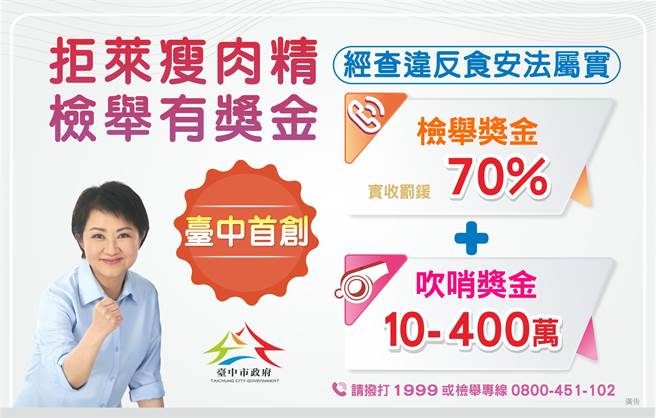 台中市政府全國首創經查違反食安法屬實有獎金外，還視貢獻度加發10-400萬元的吹哨獎金。（台中市政府提供／陳世宗台中傳真）