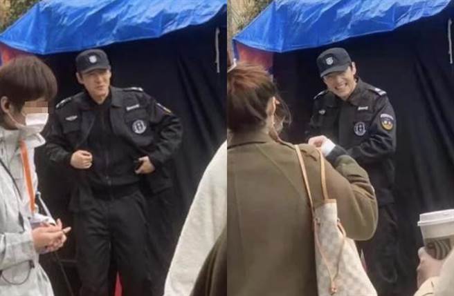 胡歌休息时跟工作人员有说有笑。（图／取自新浪娱乐）