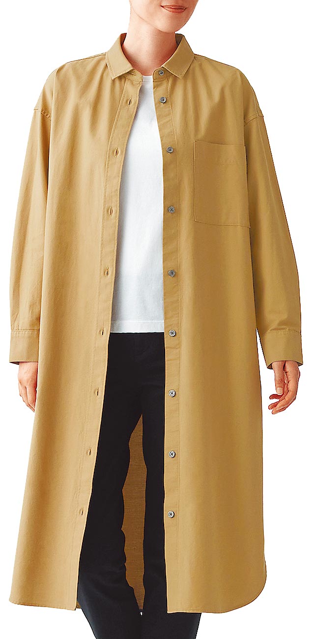 PChome 24h購物的無印良品女有機棉水洗牛津布襯衫洋裝，男裝、女裝全系列，23日前滿3000元現抵150元。（PChome 24h購物提供）