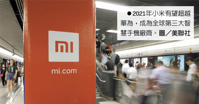 2021年小米有望超越华为，成为全球第三大智慧手机厂商。图／美联社