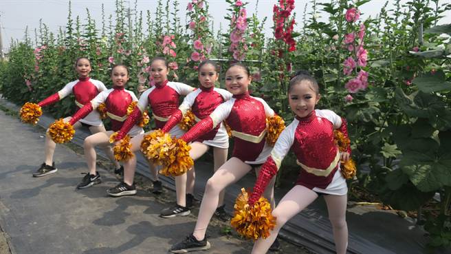 侯慧鈴舞蹈團成員小朋友們化身花仙子，在蜀葵花田中與綻放的花朵們合影，熱情邀請全國各地遊客前來賞花。（謝瓊雲攝）