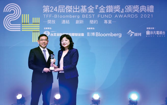 第二十四届杰出基金金钻奖昨（18）举办颁奖典礼，富邦投信总经理李明州（左）代表领取ETF基金奖。图／顏谦隆