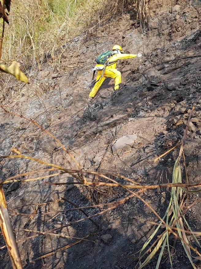 林务局嘉义林管处大埔事业区228、229林班火灾，森林护管员背水袋、水线徒步攀爬与恶火搏斗。（嘉义林管处提供／张亦惠嘉县传真）