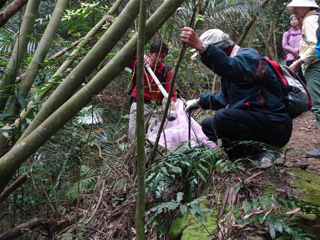 苗栗县社区大学21日举行净山开学活动，在狮潭乡鸣凤山5条古道捡拾12大袋垃圾。（苗栗县社区大学提供／何冠娴苗栗传真）