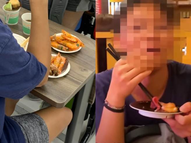 有网友翻出「张鲑鱼之梦」去年在一场感恩餐会上插队猛夹虾，超贪背影曝光马上被同学认出「就是鲑鱼之梦本人」。(组图/截自Dcard)