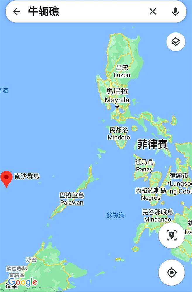 菲律賓政府指大批中國漁船在有主權爭議的南沙群島牛軛礁集結。（Google地圖）