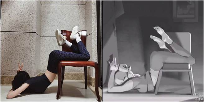 楊冪挑戰漫畫腰，得知可能對身體有害，現已刪文。（圖／翻攝自微博）