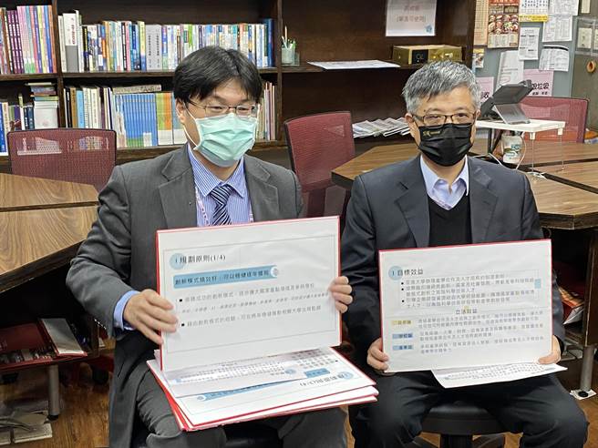 教育部次長劉孟奇（右）及高教司長朱俊彰（左）說明立法院教文會審議《國家重點領域產學合作及人才培育創新條例》草案的狀況。（林志成攝）