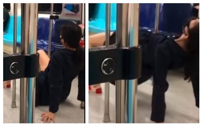 近日网上疯传一段15秒影片，一位短裙女在捷运车厢用双手双脚撑着地面，开腿进行上下摆动，动作却让人看得相当害羞。(翻摄YouTube)