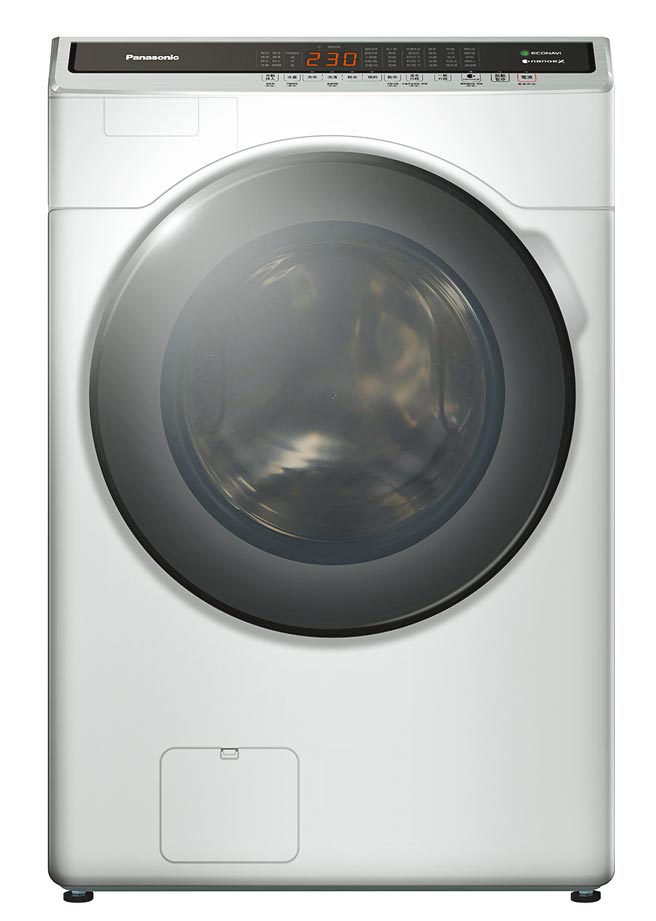 神腦國際的Panasonic 16KG 洗脫烘變頻滾筒洗衣機，4月底前享超級品牌月優惠，獨家送SUGAR自動感應泡沫洗手機。（神腦國際提供）