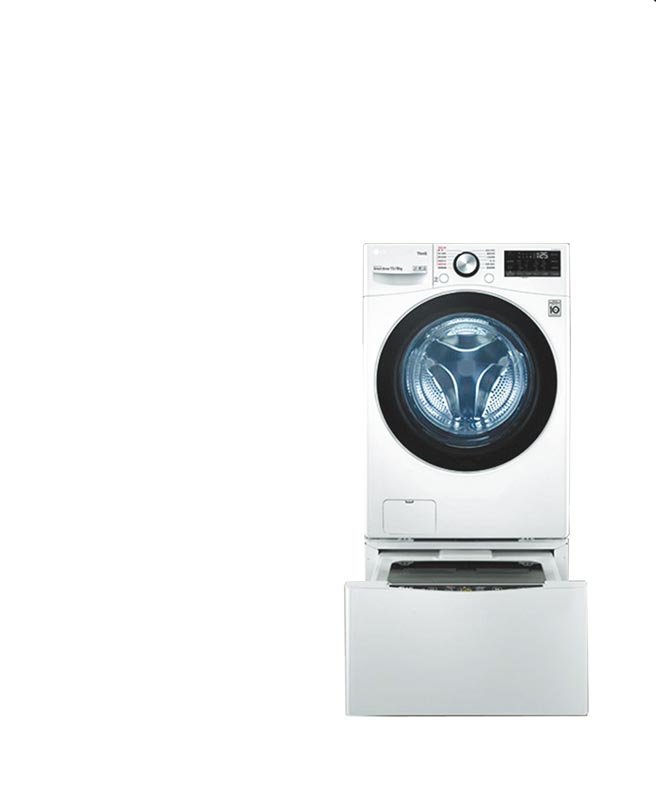LG的TWINWash雙能洗洗衣機，省水、節能標章同樣具備，可讓消費者自行搭配分成上下層的機種，更有智慧洗滌新科技，可提升15%衣物保護力。（LG提供）