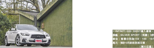 INFINITI Q50 300GT導入豪華、旗艦、SILVER SPORT（見圖）3款車型，售價分別為159、189、197萬元，預計5月底前到港交車。（陳大任攝）
