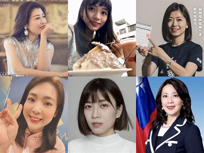 上排左起：国民党立委许淑华、无党籍高雄市议员黄捷、时代力量前主席高钰婷；下排左起：国民党台北市议员徐巧芯、无党籍台北市议员林颖孟、外交部发言人欧江安。（图／合成图，素材取自脸书、IG、外交部官方网站）