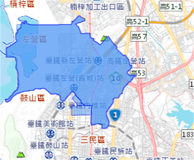 高雄左营区、鼓山区华丰里、明诚里于今晚10点至明日下午2点停水，影响约9万5千户，篮色区块为停水范围。(图取自台湾自来水公司)