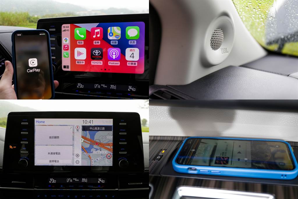標配9吋影音主機，支援Apple CarPlay/Android Auto等機能，並標配JBL 12具揚聲器以及Qi手機無線充電。（陳彥文攝）