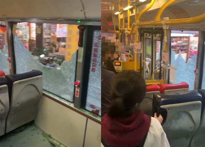 一位女网友23日乘坐到一辆红27公车，车上玻璃意外碎光，驾驶却未紧急做处置。图为合成图，左图可见大片车窗碎成蜘蛛网，右图则为乘客纷纷站在公车左侧避难。（翻摄脸书社团《爆料公社》）