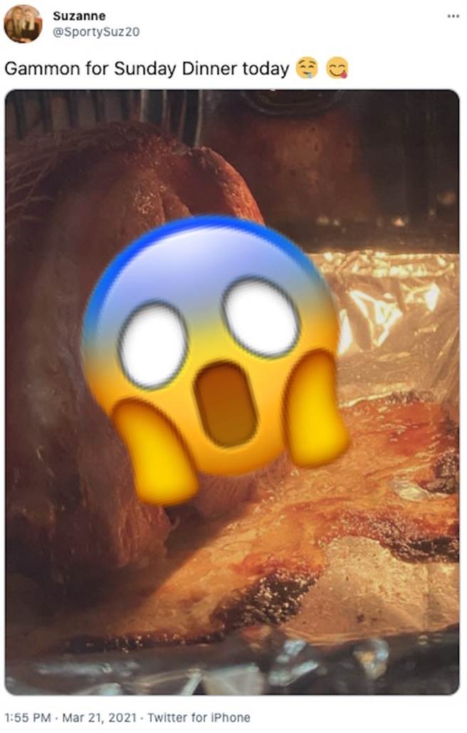 英国一名女网友苏札娜日前在推特上传一张照片，分享她自制的烟熏火腿，不过成品照却让上万网友笑翻。(图翻摄自每日星报)