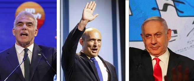 以色列出口民調，現任總理尼坦雅胡(右)可能得到53到54席；反對尼坦亞胡的拉皮德(左)所帶領的未來黨可能59席，都不到組閣門檻的61席，因此貝內特(中)的小黨將左右局勢。(圖/美聯社)