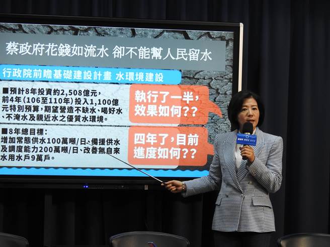 國民黨文傳會主委王育敏上午出席「蔡政府花錢如流水，卻不能幫人民留水」記者會。（趙婉淳攝）