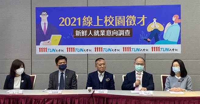 由左到右依序为东吴大学社会资源长王淑芳、臺科大主秘吕政修、1111媒体中心总经理何启圣、龙华科大校长葛自祥、德明财经科大校长卢秋玲出席新鲜人就业意向调查记者会。(图/1111人力银行提供)
